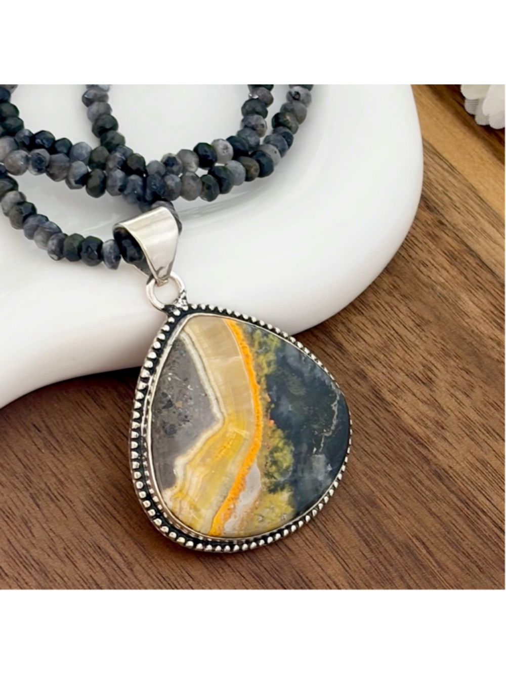 Bumblebee Bumble Bee Jasper Pendant Vintage Southwest Boho Style Pear New 925 - Picture 3 of 7